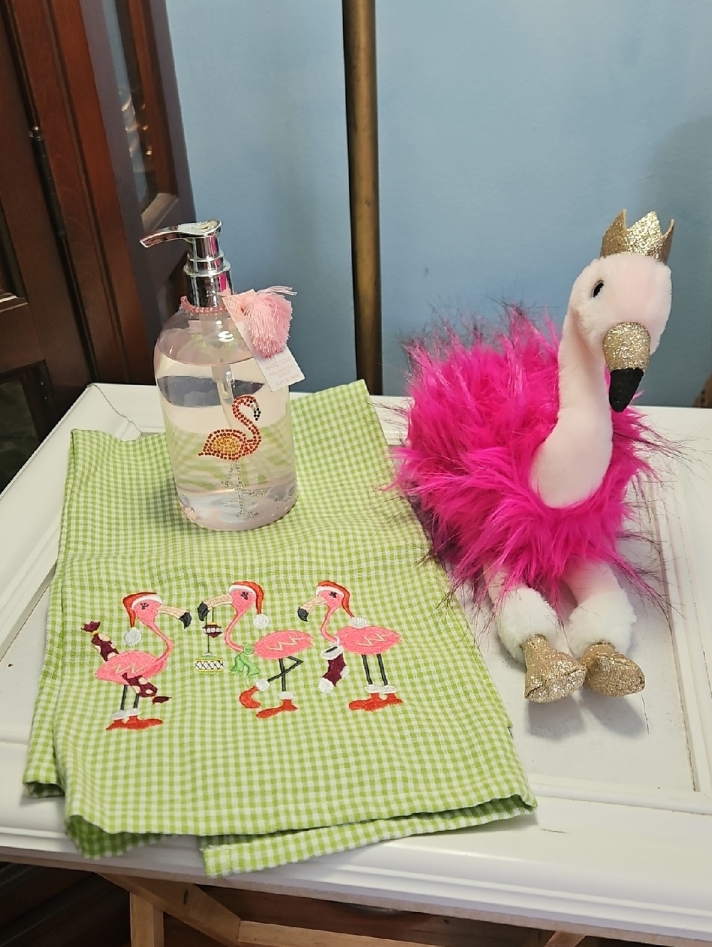 NWOT Histoire D'Ours Plush Flamingo, Born To Sparkle Hand Soap, Dunroven Towel